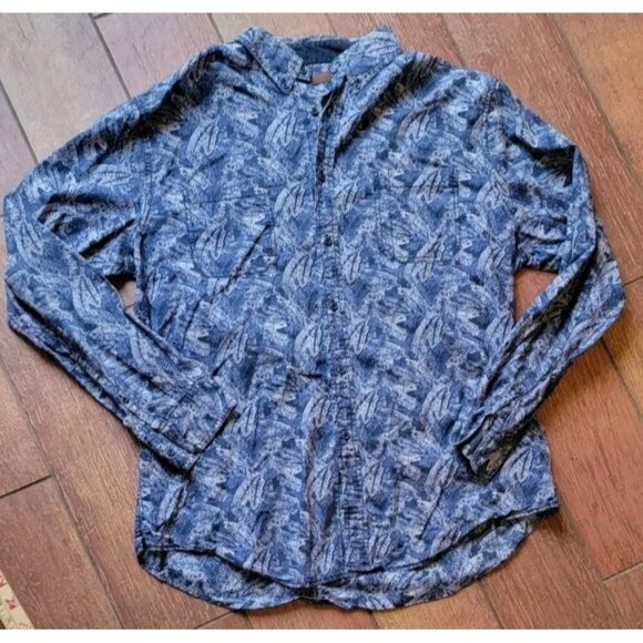 Perry Ellis XL Blue White Leaf Long Sleeve  Button All Over Print Pattern Shirt - Picture 3 of 6